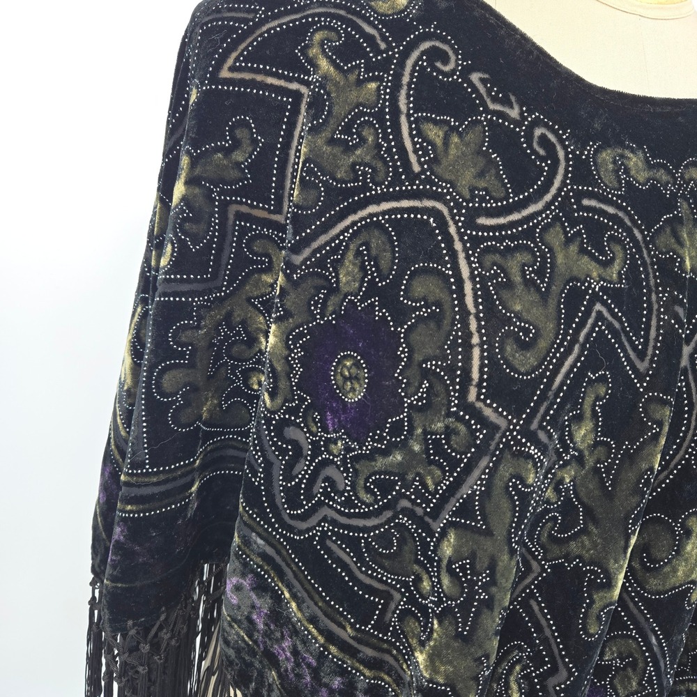 Poncho OS Velvet Fringe Color Shifting Purple Green Witchy Goth Festival Hippie - Picture 4 of 11